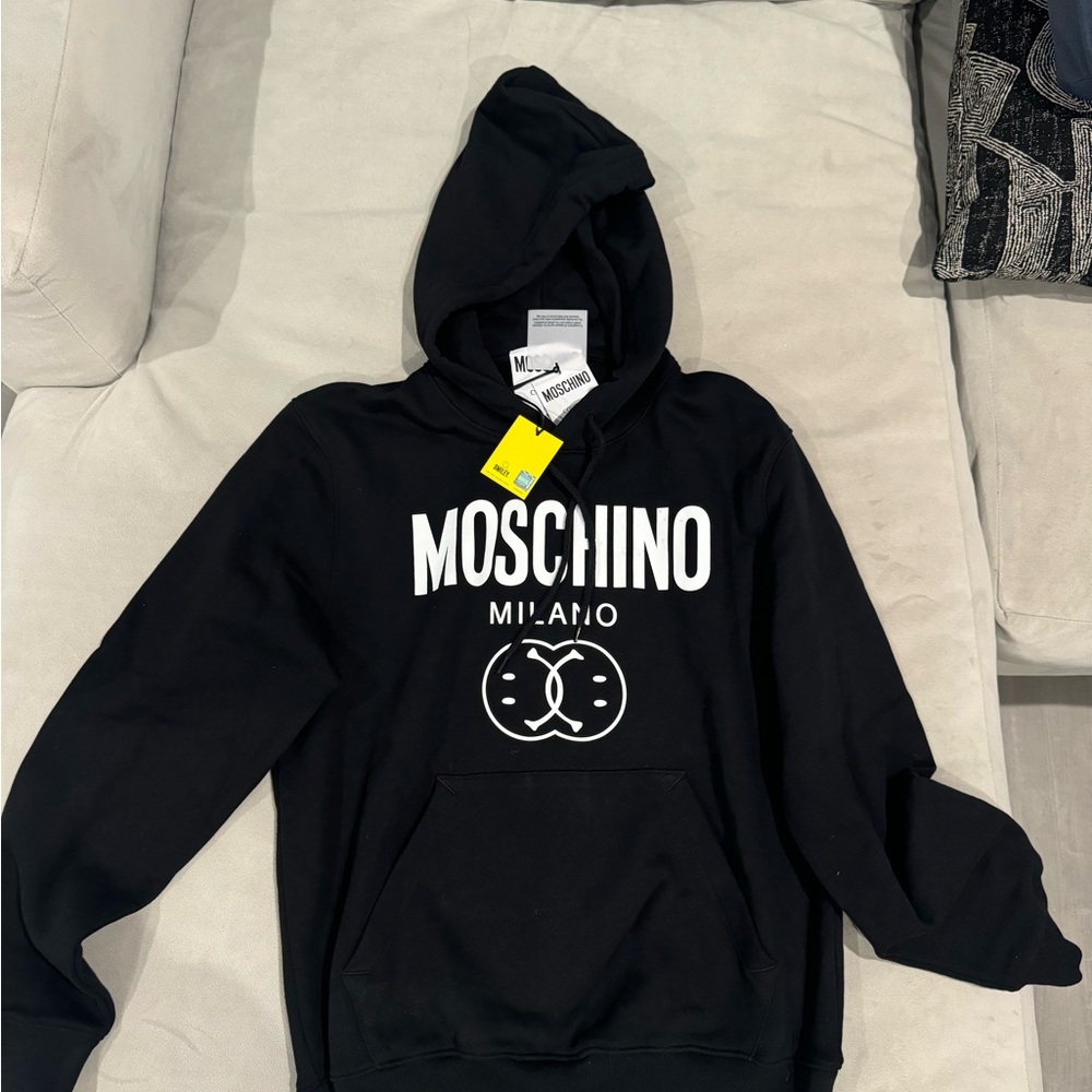 100% Organic Cotton Moschino Black and White Logo Hoodie size 38 New with Tags